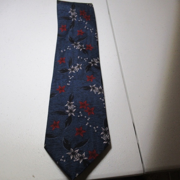 Blue floral print Stafford tie w/grey, red flowers - Picture 1 of 4